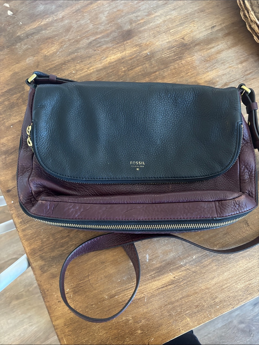 Fossil Black and Plum Leather Flap Crossbody